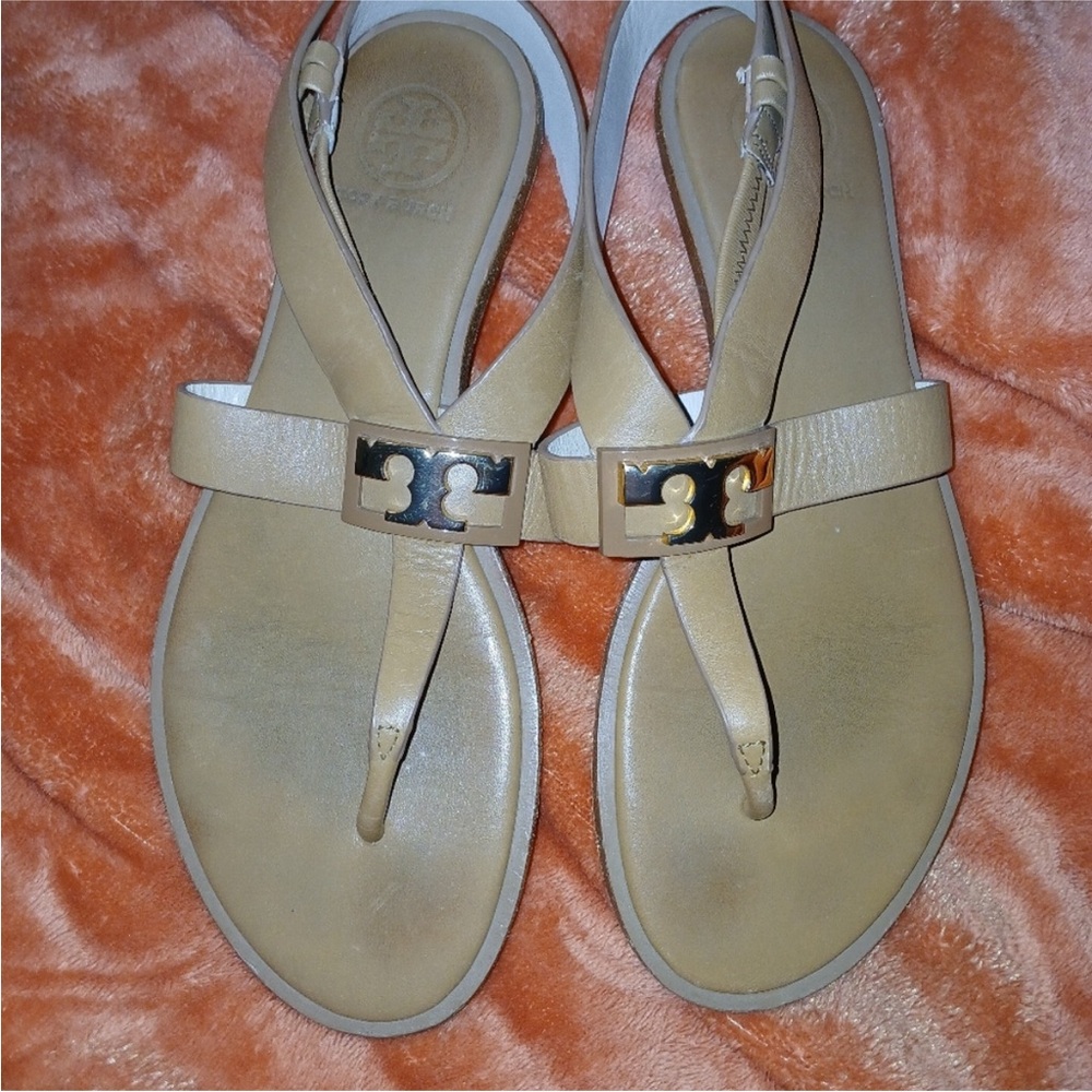 Tory Burch Tan Leather Sandals With Gold Accents Size 6